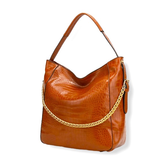 MFK Handbags - New MFK Collection By Mia K - Oday Hobo Vegan Leather Light Brown With Chain Bag